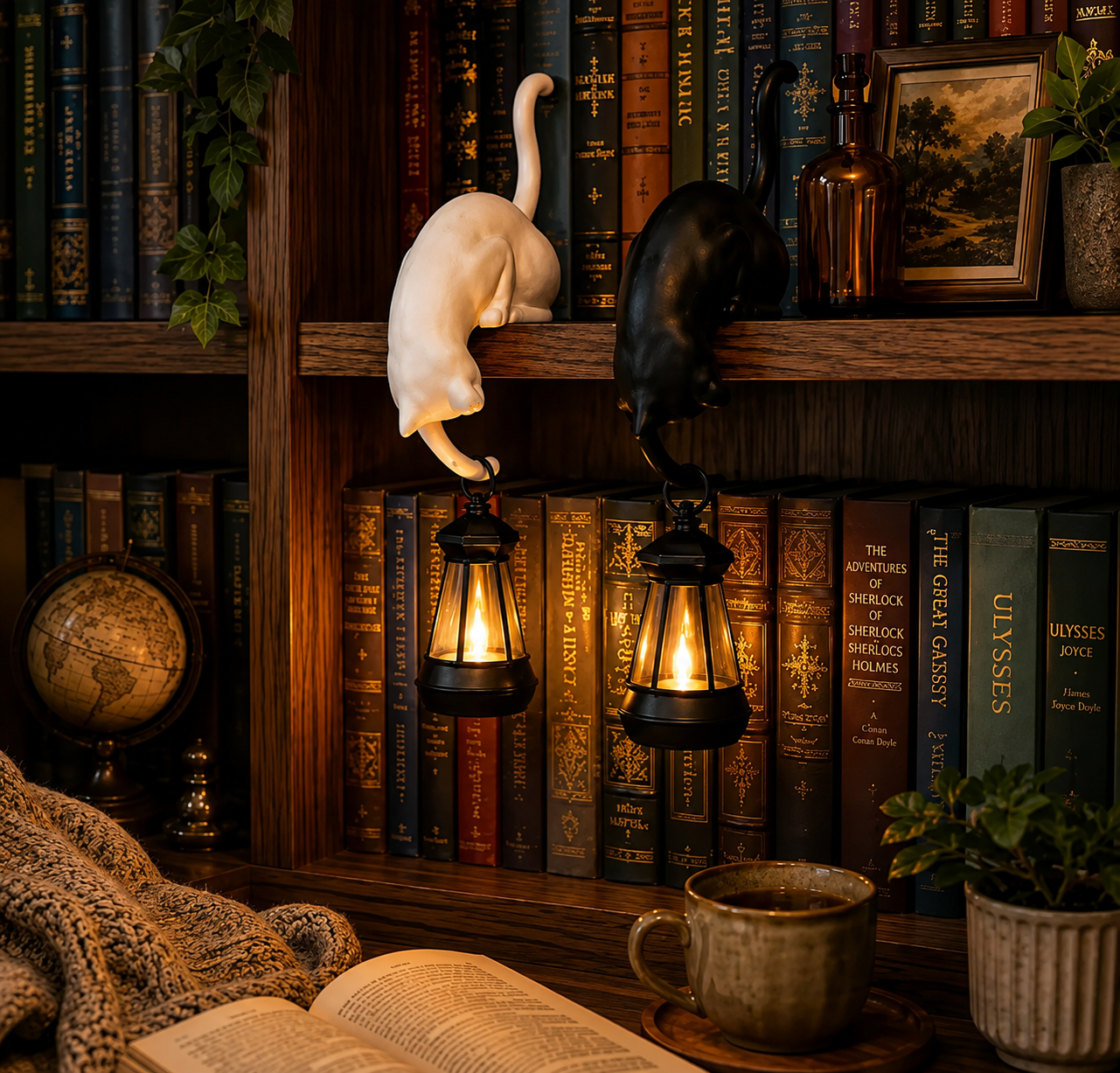 Cat Lantern Night Lamp | Boho Bookshelf Decor