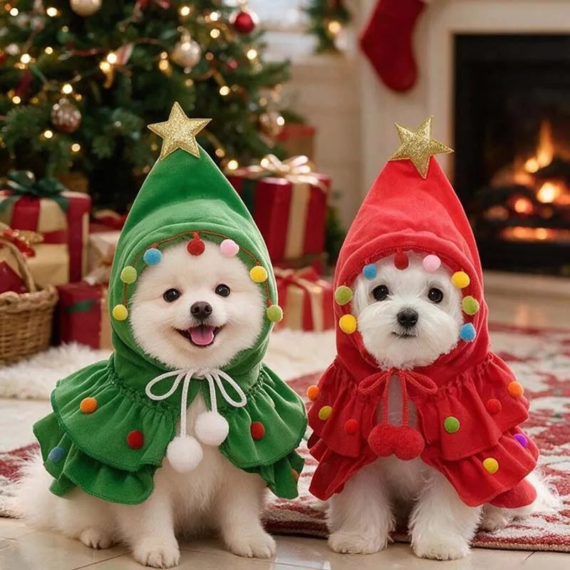 Two small dogs wearing the green and red Christmas tree costumes by a Christmas tree