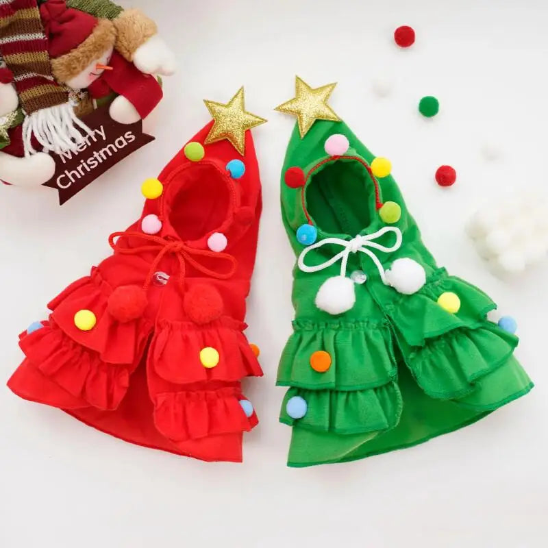 Red and green Christmas tree pet costumes side by side