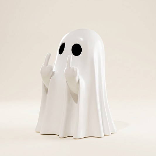 Cute middle finger ghost statue – glossy white resin