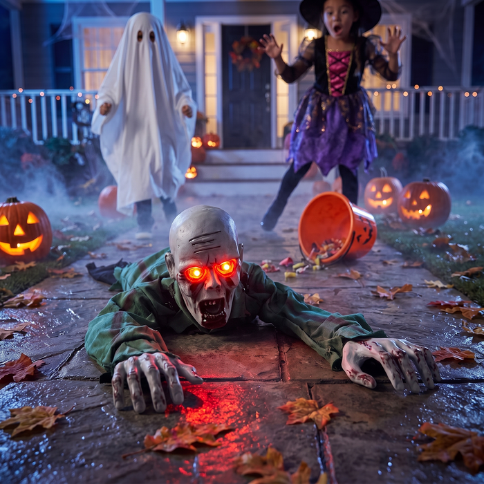 Electric Halloween Crawling Ghost Bald Head Glowing Eye Climbing Zombie Figure
