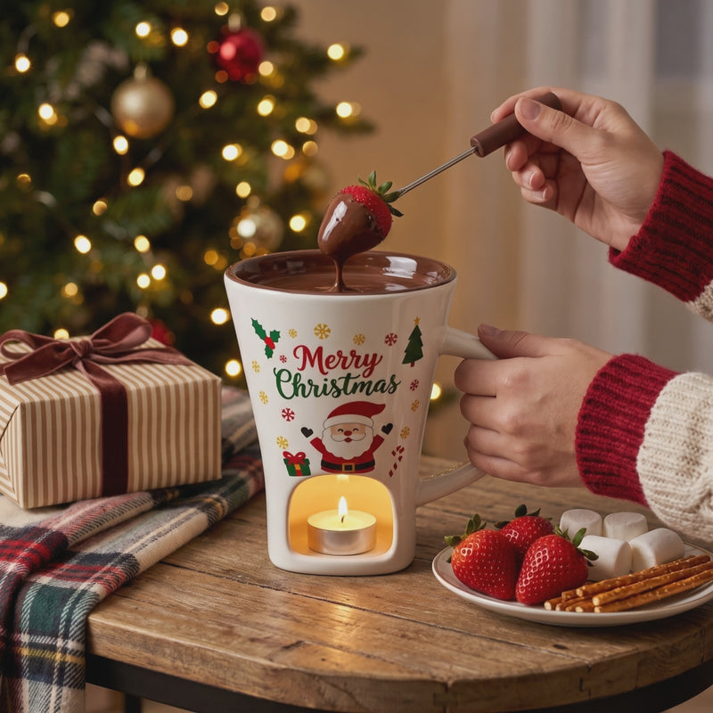 Dipping a strawberry in the Merry Melt fondue mug